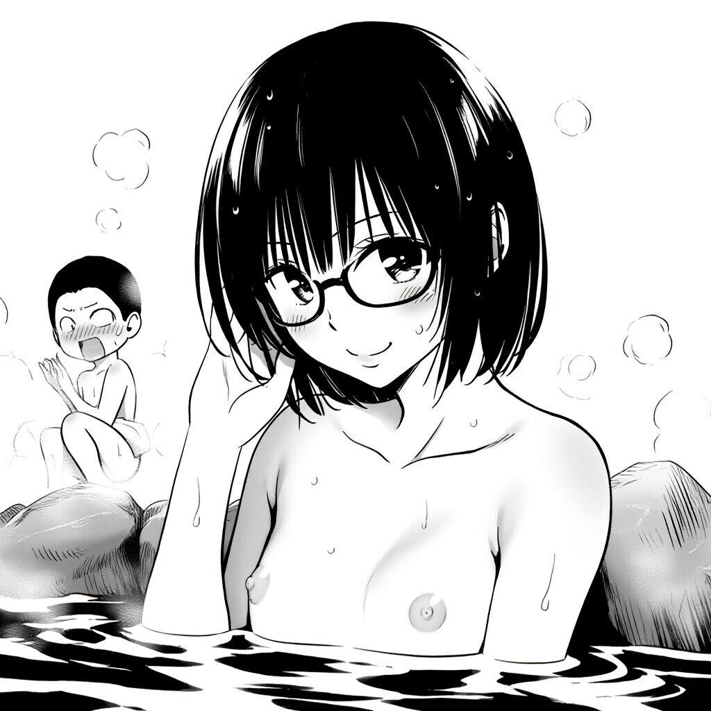 メガネの女の子は温泉で笑顔でおっぱい見せてる