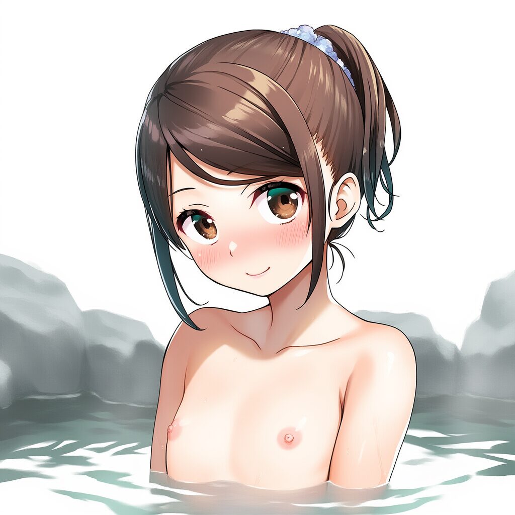 まどかは温泉で笑顔でおっぱい見せてる