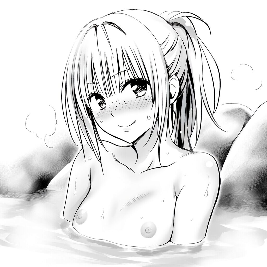 金髪ポニテ女子は温泉で笑顔でおっぱい見せてる