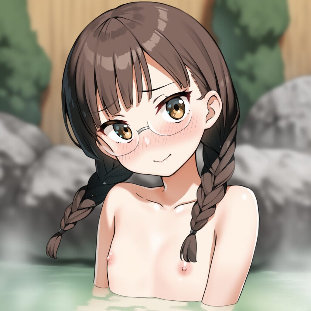 メガネおさげ女子は温泉で笑顔でおっぱい見せてる