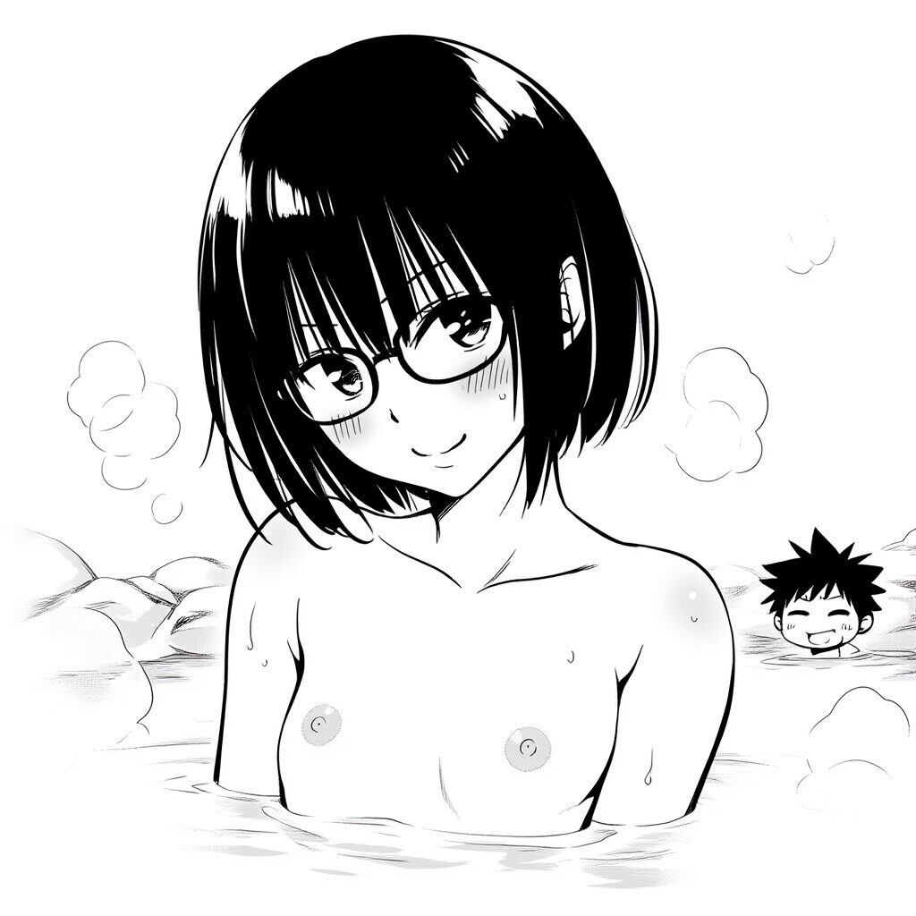メガネ女子は温泉で笑顔でおっぱい見せてる