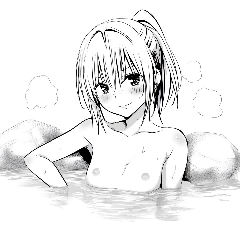 金髪ポニテ女子は温泉で笑顔でおっぱい見せてる