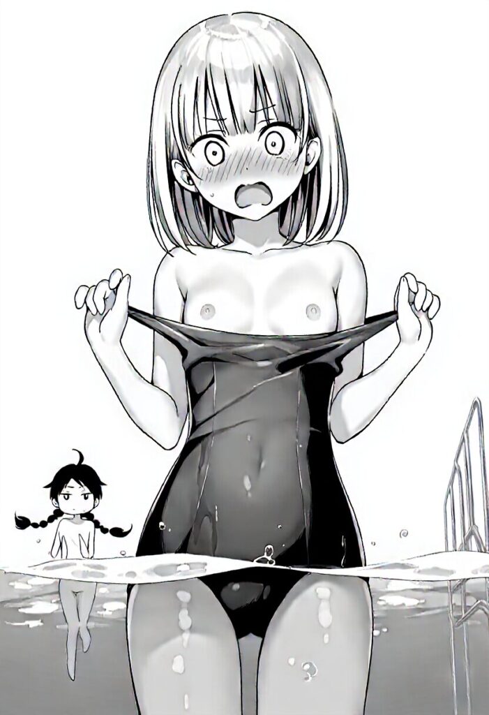 金髪の女の子の水着が破れておっぱい丸見え
