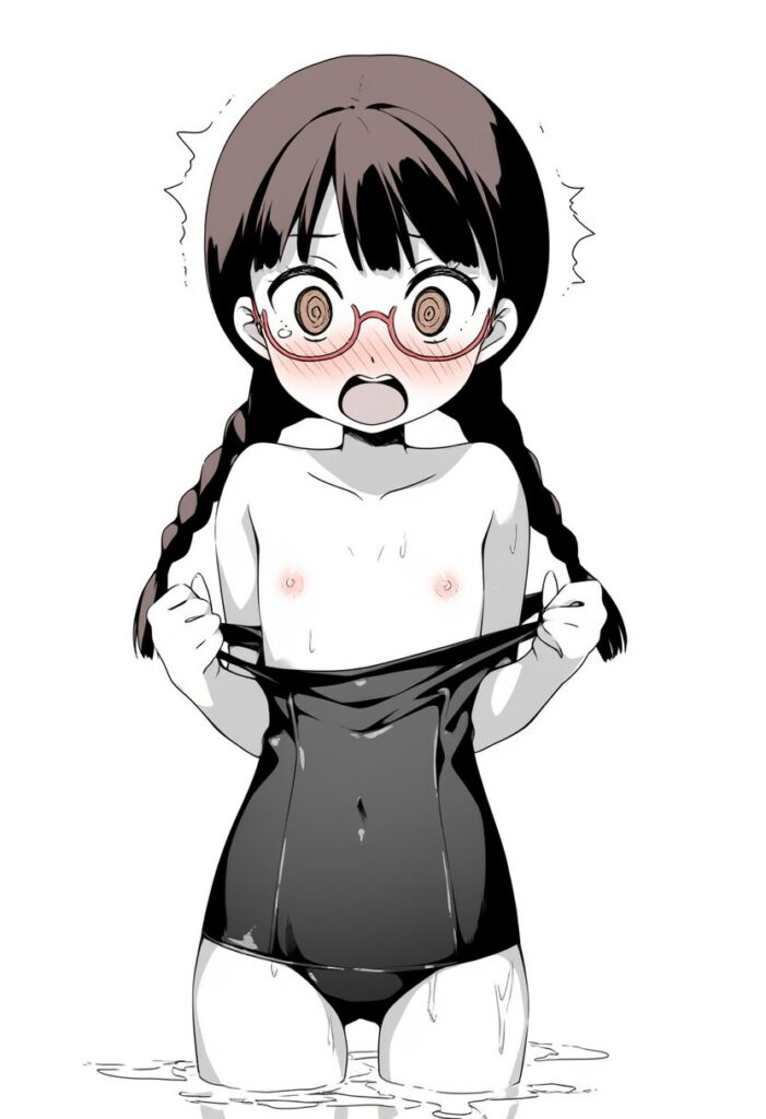 メガネおさげ女子の水着が破れておっぱい丸見え