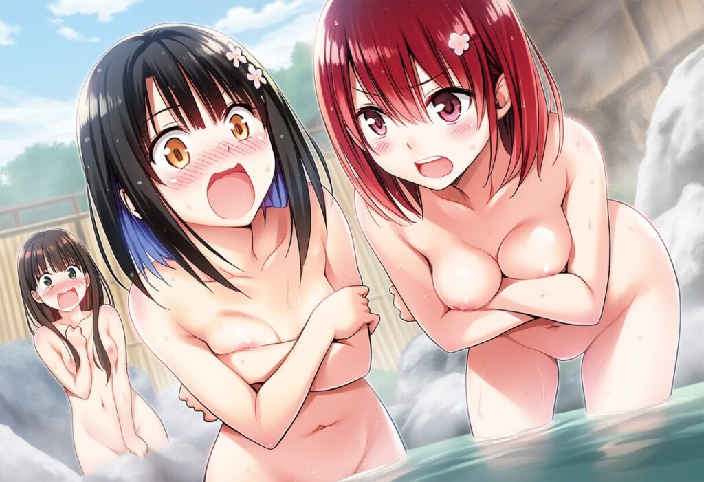 女子たちは混浴温泉に入ってきた男に焦る