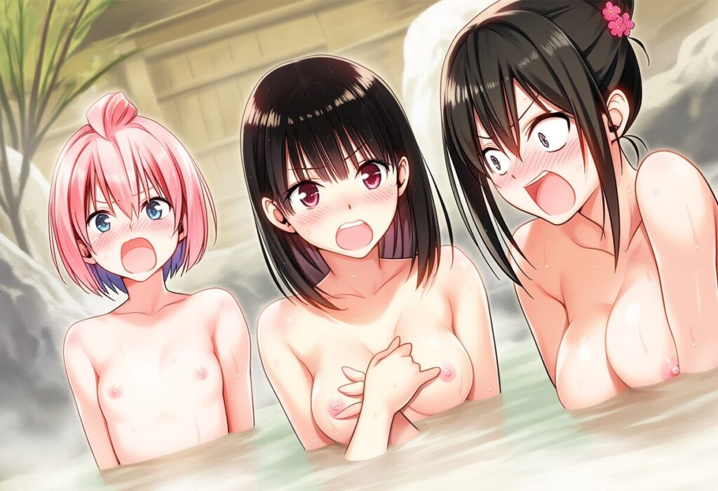 女子たちは混浴温泉に入ってきた男に焦る