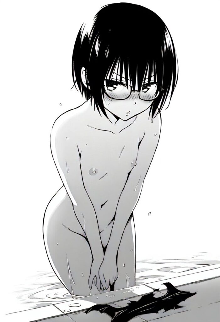 黒髪短髪メガネ女子はプールでジト目で全裸