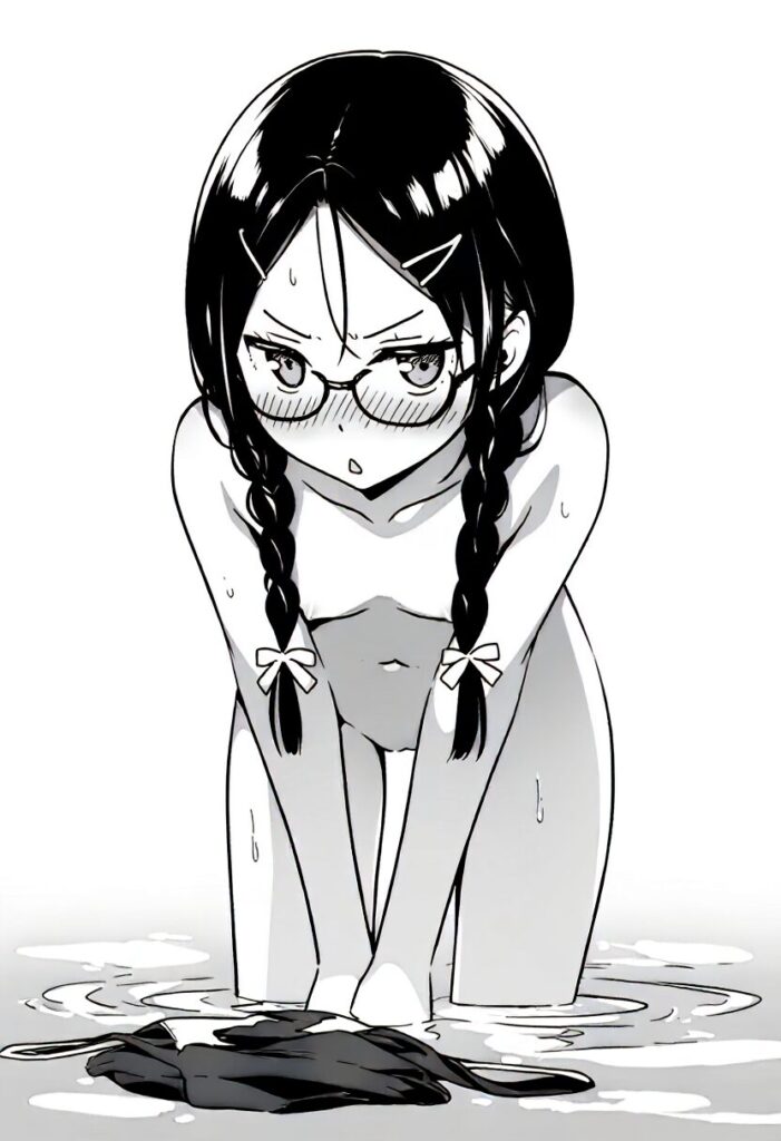 眼鏡娘はプールでジト目で全裸