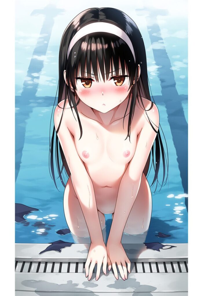 黒髪女子はプールでジト目で全裸