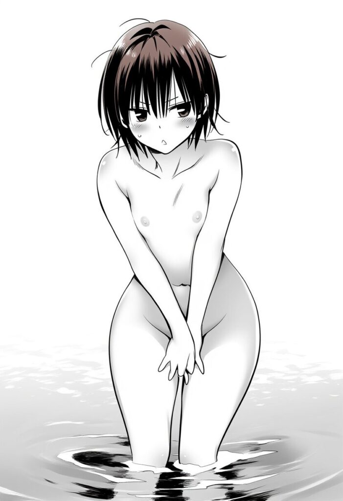 リズはプールでジト目で全裸