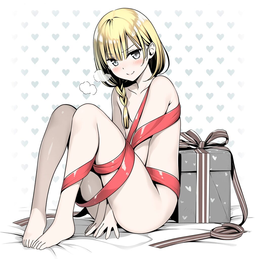 金髪の女の子は体にリボンを巻いている