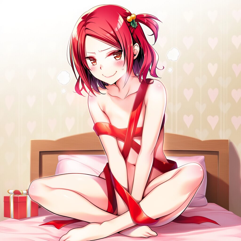 赤髪の少女は体にリボンを巻いている
