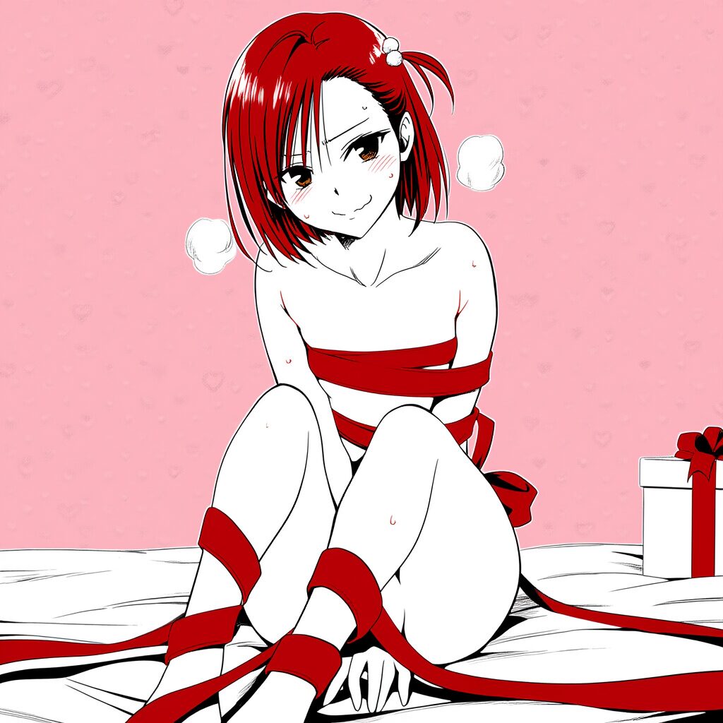 赤髪女子は体にリボンを巻いている