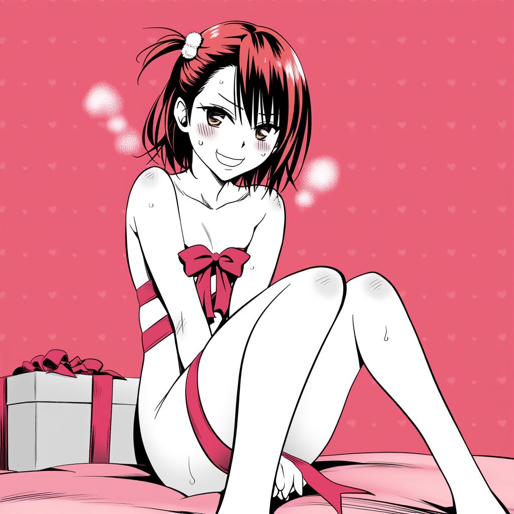 赤髪女子は体にリボンを巻いている