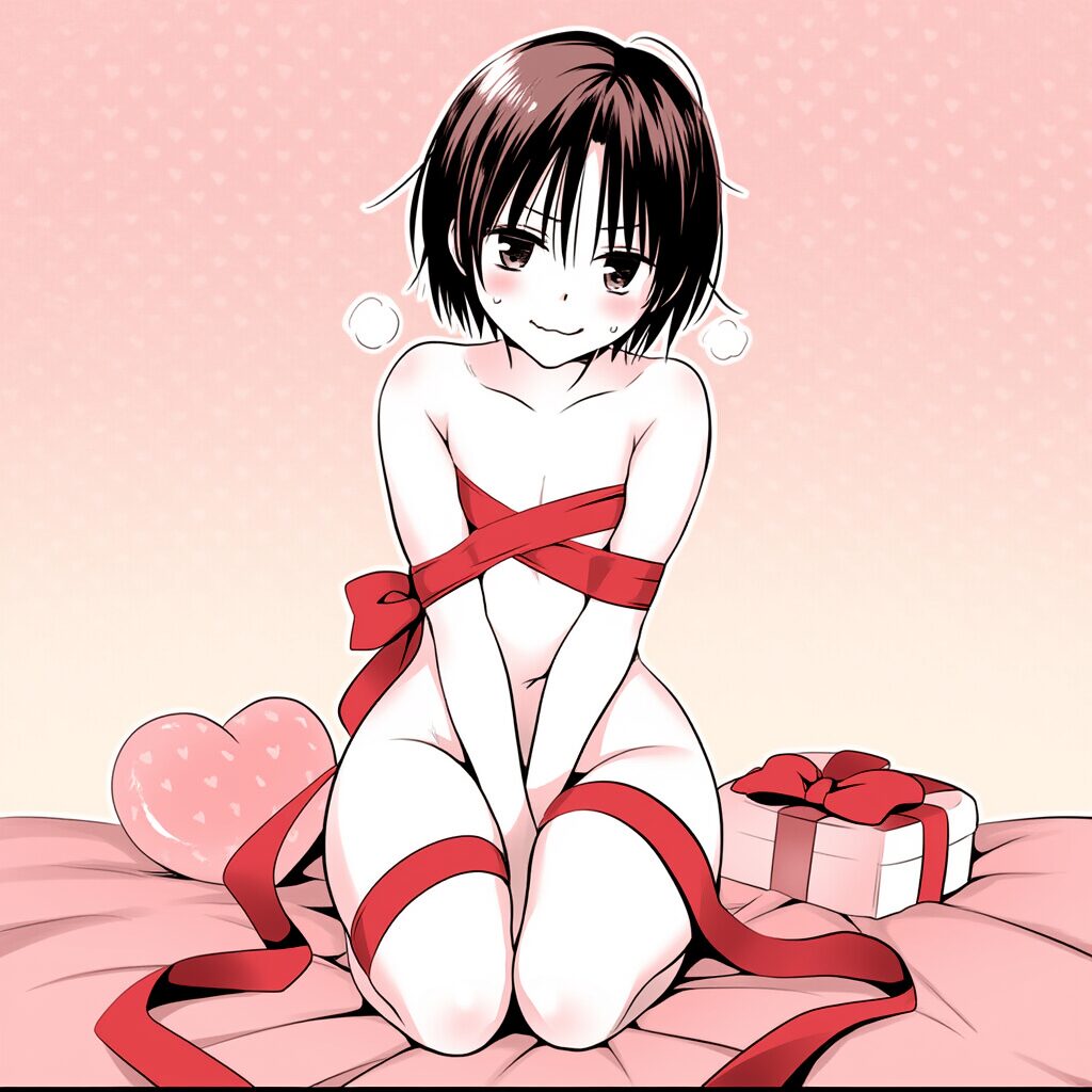 リズは体にリボンを巻いている