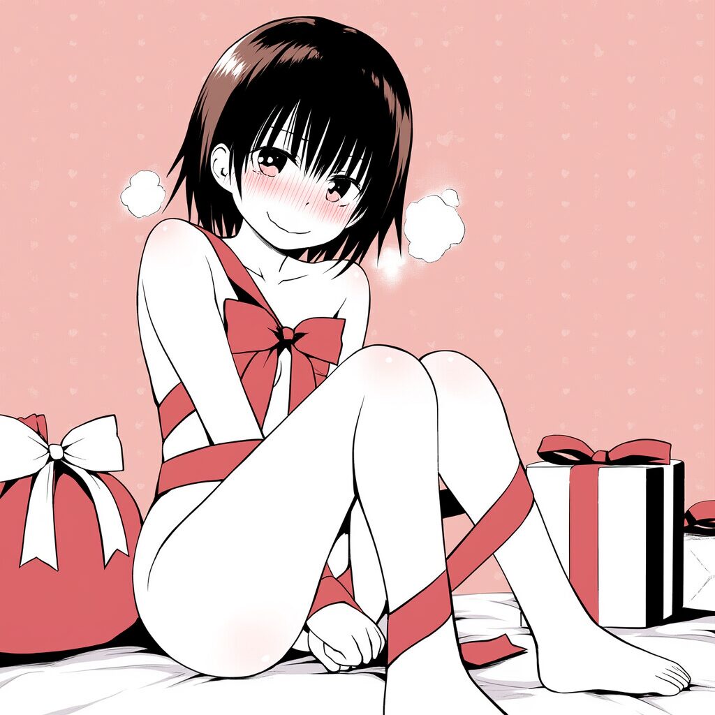 茶髪ぱっつん女の子は体にリボンを巻いている
