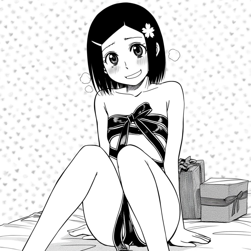 ぱっつん黒髪女子は体にリボンを巻いている