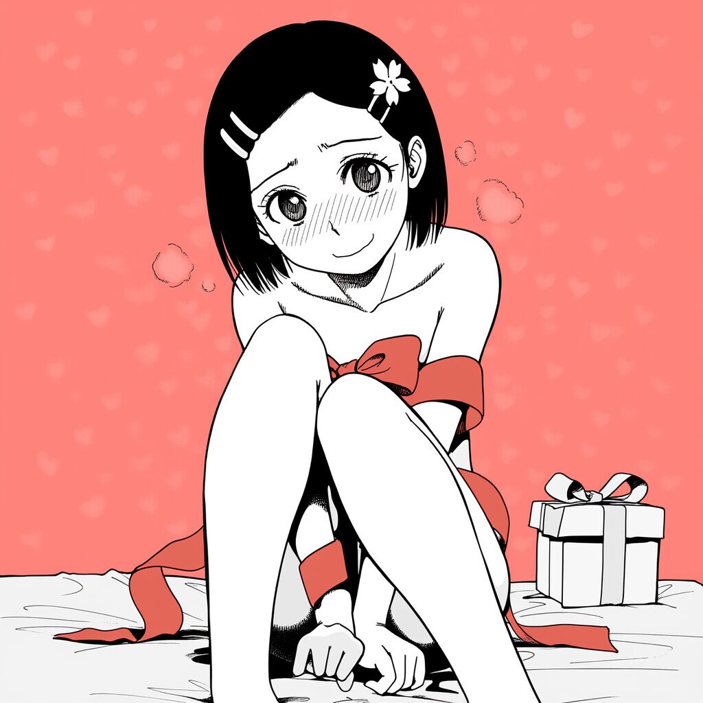 黒髪ぱっつん女子は体にリボンを巻いている