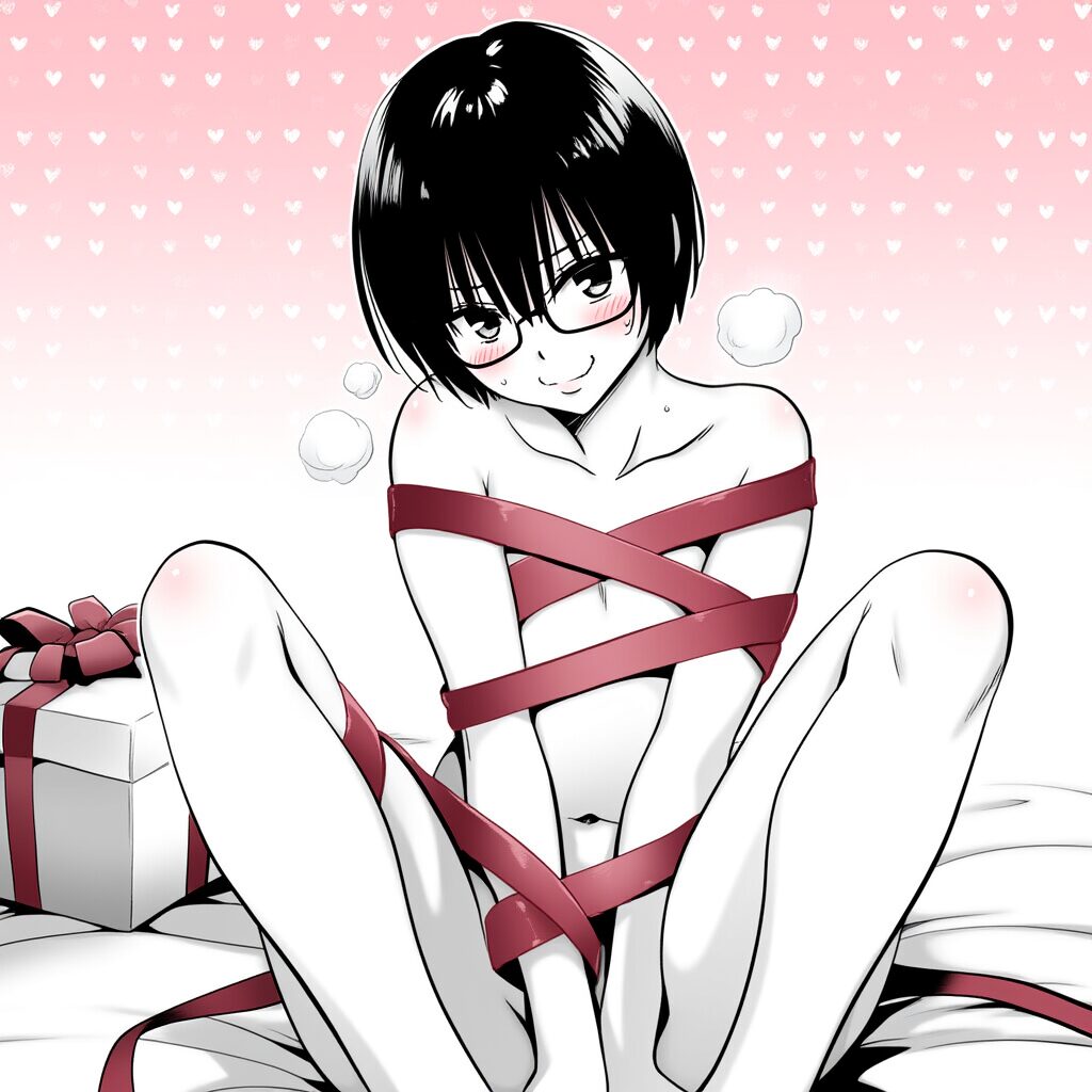 黒髪短髪眼鏡女子は体にリボンを巻いている