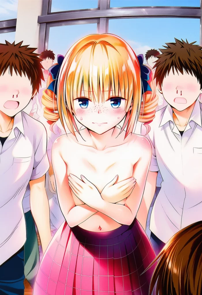 朝凪くるり: classroom, {{{{topless}}}}, cross her hands on her chests, s