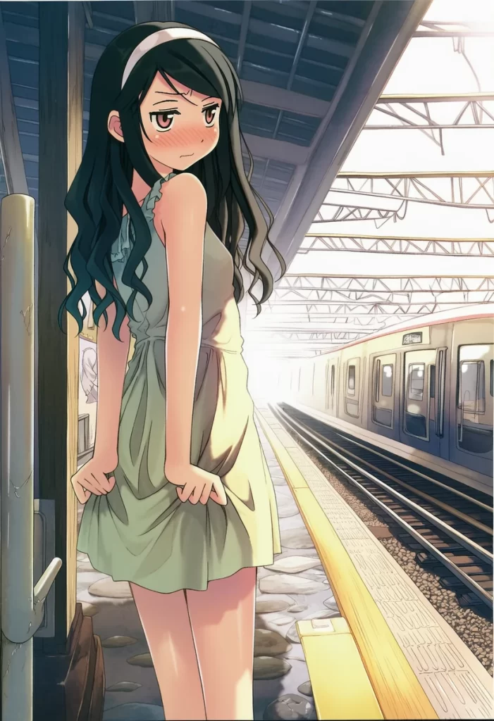 朝霧ことは: a girl, standing beside railway, station platform, she seize