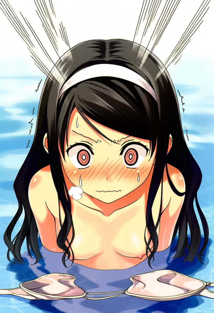 朝霧ことは: a girl, pool, topless, nipples, her stomach is under the wat