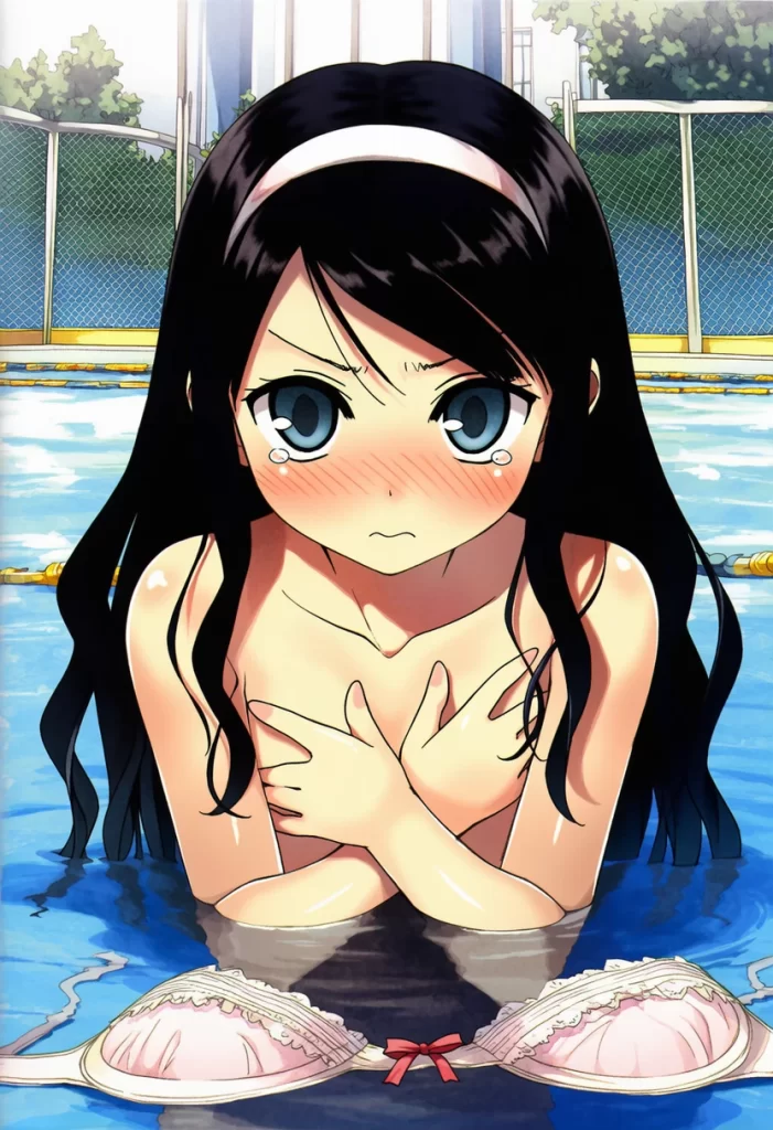朝霧ことは: a girl, pool, topless, her chest is under the water, {{{{{