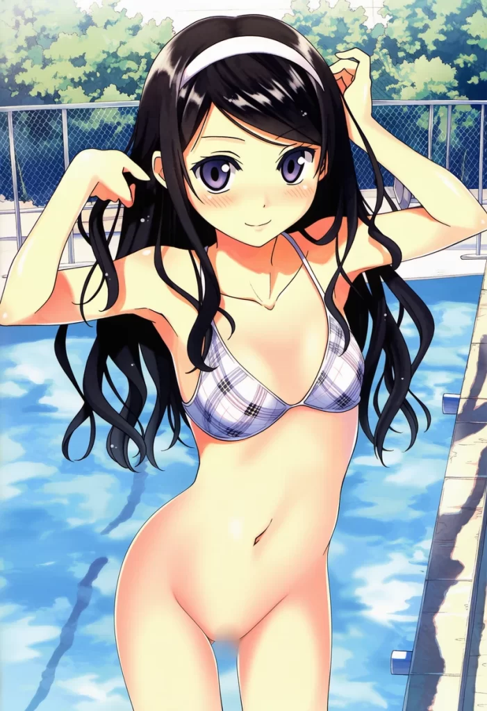 朝霧ことは: a girl, pool, bikini, bottomless, head tilt, smile, nsfw, va