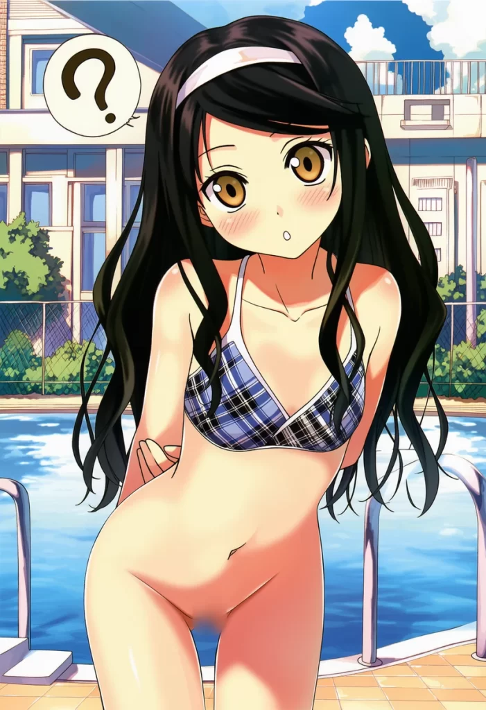 朝霧ことは: a girl, pool, bikini, bottomless, head tilt, nsfw, vagina, s