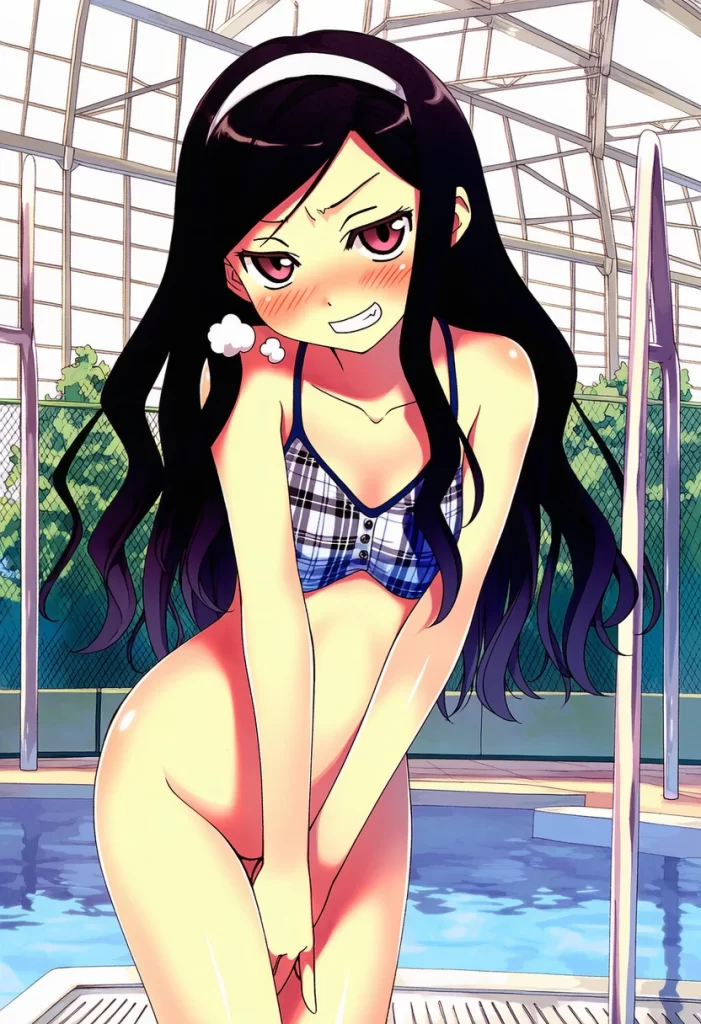 朝霧ことは: a girl, pool, bikini, bottomless, head tilt, stands beside a