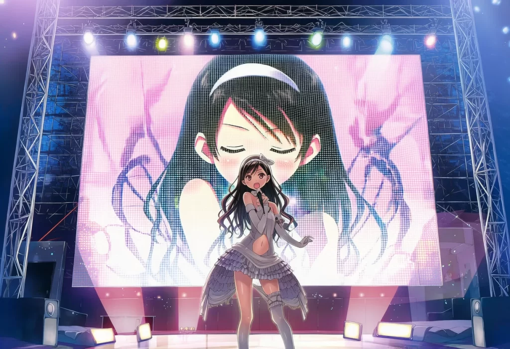 朝霧ことは: a girl, on the stage, spot light, very large screen behind h