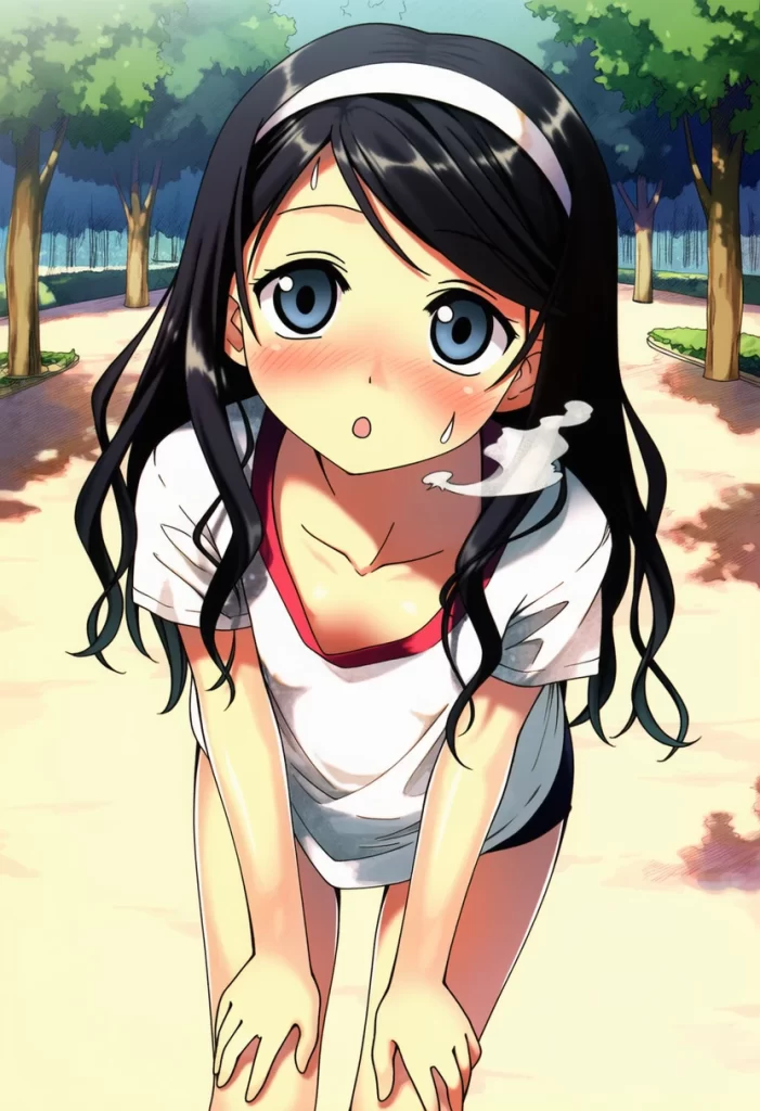 朝霧ことは: a girl, park, trees, baggy T-shirt, short pants, school gym