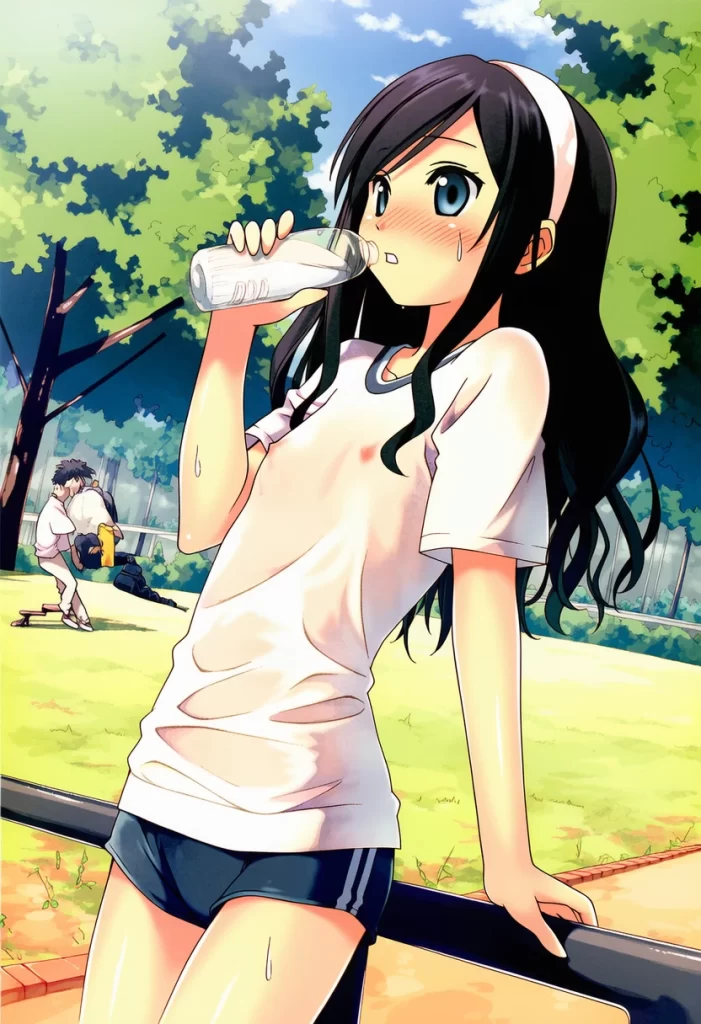 朝霧ことは: a girl, park, trees, baggy T-shirt, short pants, school gym