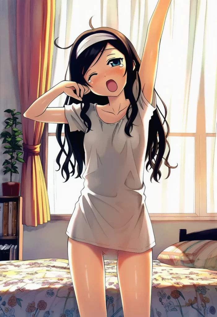 朝霧ことは: a girl, morning, bedroom, stretching, T-shirts, bottomless,