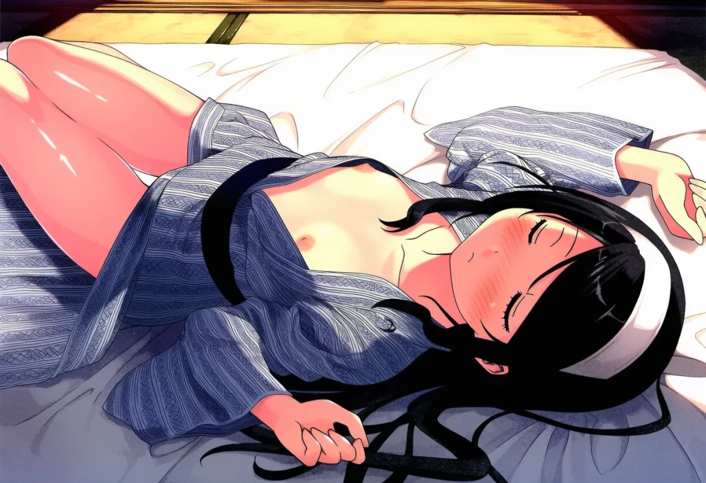 朝霧ことは: a girl, sleeping, yukata, at night, nipples, futon, from sid