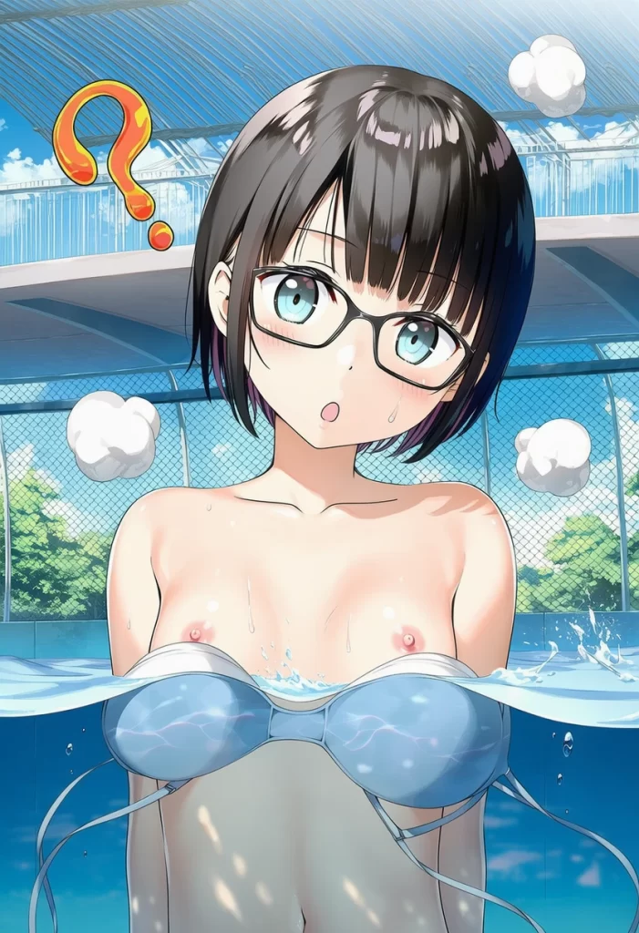風羽みさき: a girl, pool, topless, nipples, her stomach is under the wat