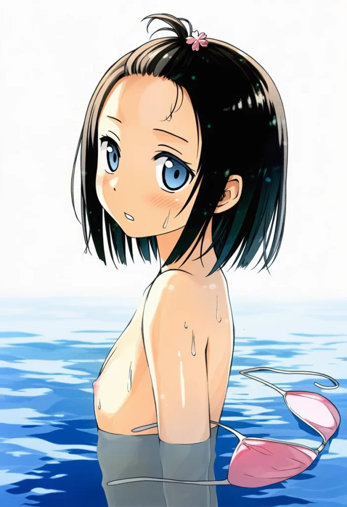 日和佐のの: a girl, pool, topless, nipples, her stomach is under the wat