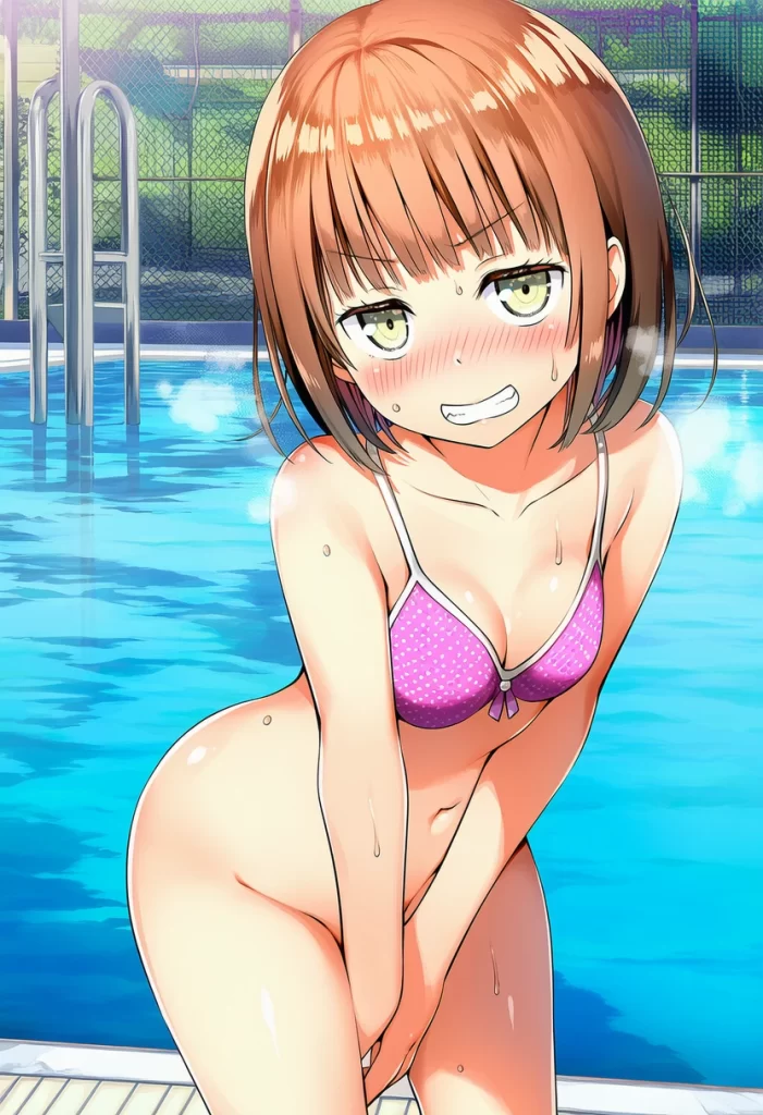 空井める: a girl, pool, bikini, bottomless, head tilt, stands beside a