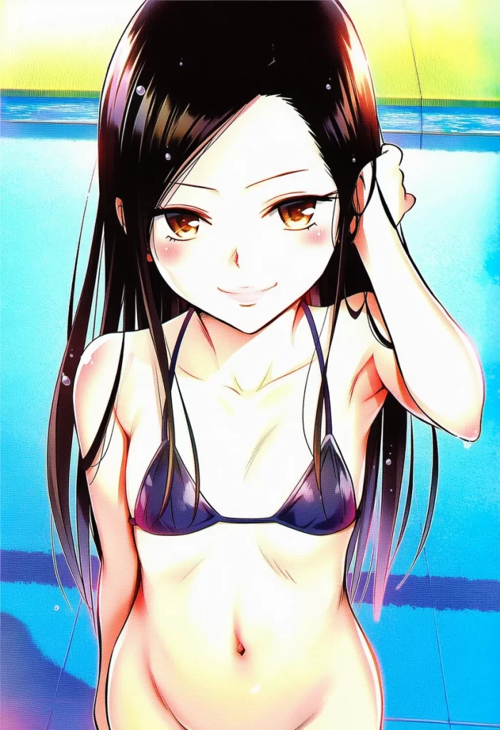 祈守ゆずは: a girl, pool, bikini, bottomless, head tilt, smile, nsfw, va