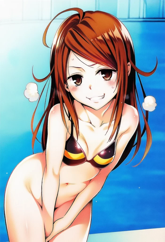 桐ヶ谷あおい: a girl, pool, bikini, bottomless, head tilt, stands beside a