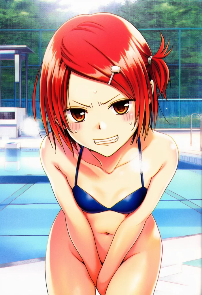 夏霧あかね: a girl, pool, bikini, bottomless, head tilt, stands beside a