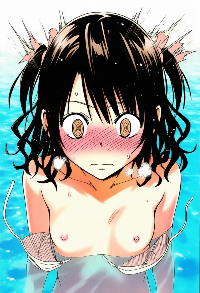 歌原みつき: a girl, pool, topless, nipples, her stomach is under the wat