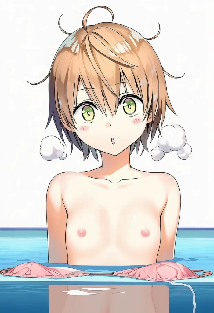 日向寺りり: a girl, pool, topless, nipples, her stomach is under the wat