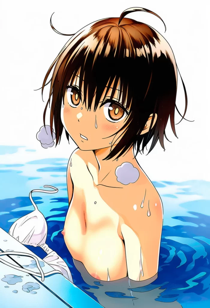 神代あかね: a girl, pool, topless, nipples, her stomach is under the wat