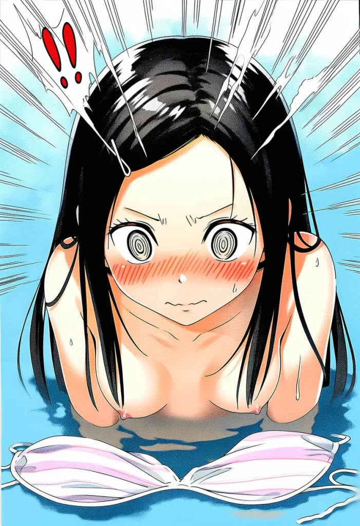 五月女さな: a girl, pool, topless, nipples, her stomach is under the wat