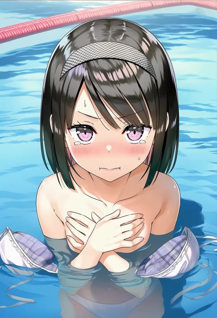 浮島ひなた: a girl, pool, topless, her chest is under the water, {{{{{