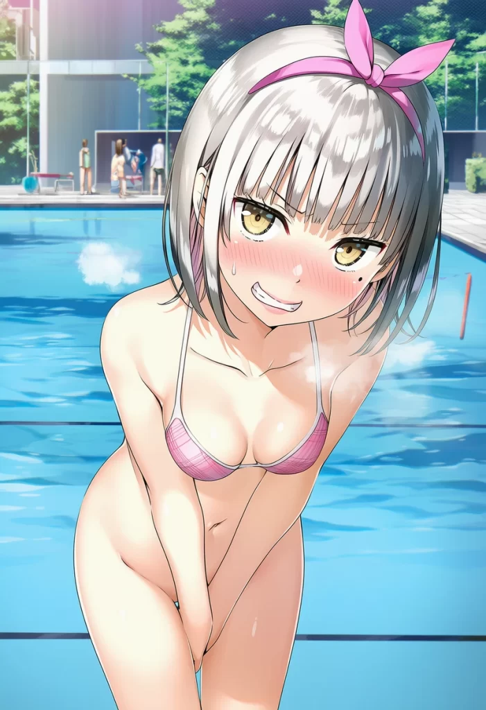 ニコリナ・ステファノヴァ: a girl, pool, bikini, bottomless, head tilt, stands beside a