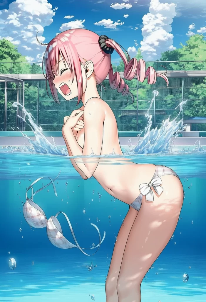 雲母ももか: a girl, pool, topless, her stomach is under the water, {{{