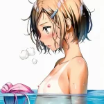 葉隠なずな: a girl, pool, topless, nipples, her stomach is under the wat