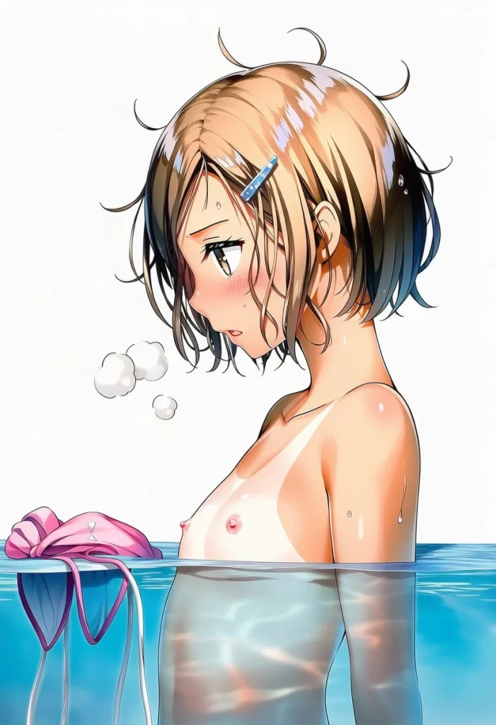 葉隠なずな: a girl, pool, topless, nipples, her stomach is under the wat